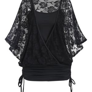 TEMU 여성용 투인원 레이스 셔츠 & 탱크탑 - 크로스 헴 드로스트링 헴 & 슬리브 - 블라우스 호환 솔리드 컬러 스트레치 디자인, 봄 여름 가을 레이어링, 캐주얼 오피스 비치웨어, 세탁기 사용 가능