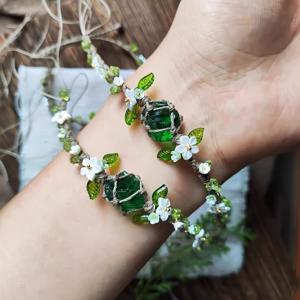 TEMU 수제 메쉬 파우치 스타일 핸드 로프 / 패셔너블 데일리 웨어 / 딥 풀 문라이트 플로럴 리스 팔찌 선물, 친구와 청소년을 위한