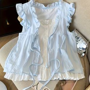 TEMU 여성용 러플 엣지의 우아한 레이어드 셔츠, 젊은하고 넉넉한 핏, 민소매 인형 탑