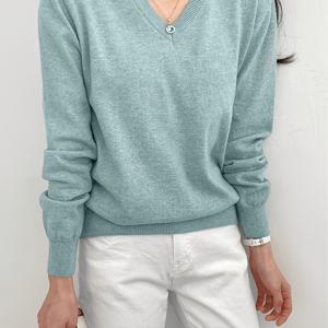 TEMU 여성용 솔리드 V넥 캐주얼 비즈니스 스웨터, 가을 겨울용 긴팔 탑