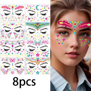 TEMU 8개 형광 얼굴 장식 스티커, 반짝이는 임시 얼굴 패치, 얼굴 아트 장식, 파티, 뮤직 페스티벌 및 코스프레 메이크업 스티커에 적합