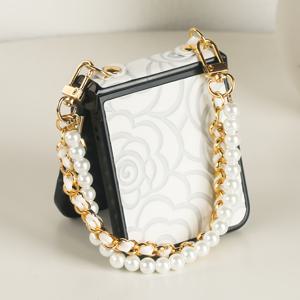 TEMU 스타일리시 PC 소재 풀바디 케이스 - 갤럭시 Z 플립3/4/6 시리즈용 프레스드 카멜리아 가죽 & 펄 스트랩 보호 커버