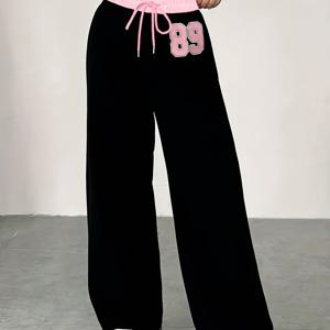 TEMU 여성 Y2K 스타일 조거 팬츠 - 핑크 액센트, 가을/겨울용 편안한 캐주얼 스웨트팬츠, 캐주얼 복장에 적합, 여성용 캐주얼 바지, 여성용 조깅 팬츠