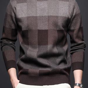 TEMU 남성용 가을 겨울 두꺼운 스웨터 격자무늬 그라데이션 라운드넥 풀오버 심플 캐주얼 니트 스웨터 상의