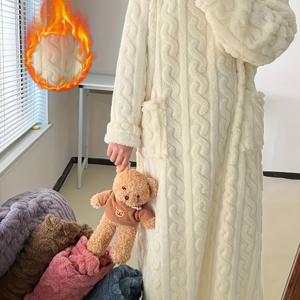 TEMU 가을/겨울용 산호색 롱핏 도톰한 보온 원피스 드레스 1개, 다섯 가지 색상의 겨울용 편안하고 따뜻한 파자마 가운, 주머니 있는 보온 라운지웨어, 플러시 도톰한 고GSM 수면복/잠옷 원피스, 가정복으로 적합