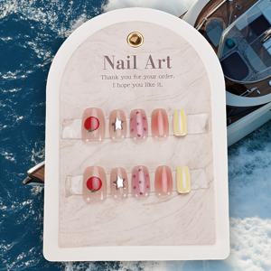 TEMU 10개입 고급 고양이 눈 디자인 코드 착용 갑옷, 핑크 미스트 색상의 과일과 별 패턴, 짧은 그라데이션 미리 제작된 네일. 달콤하고 멋진 풀 커버리지를 제공하며 축제 행사에 적합합니다.