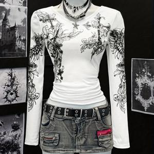 TEMU 여성용 트렌디하고 독특한 디자인의 빈티지 Y2K 핏 롱 슬리브 티셔츠