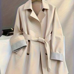 TEMU 캐주얼 출퇴근복 다용도 루즈 더블 브레스트 벨트 슬럽 원단 봄 가을 겨울 여성 트렌치 코트, 미디 길이 트렌치 코트, 여성 가을 캐주얼 복장