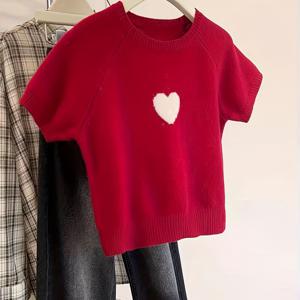 TEMU 레드 하트 반팔 티셔츠 여성 봄/여름 반팔 상의