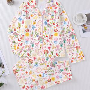 TEMU 여성을 위한 우아한 리본 디자인의 투피스 캐주얼 플로럴 파자마 세트. 가을, 겨울 착용에 적합합니다. 편안한 긴소매 가디건과 넉넉한 탄성 바지로 구성되어 있습니다.