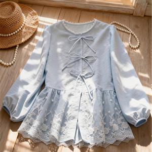 TEMU 여성 봄/여름 스위트 스타일 나비 매듭 라운드넥 9슬리브 하이웨이스트 상의 자수 패치워크 셔츠, 탑