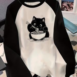 TEMU 겨울 여성용 긴팔 티셔츠, 귀여운 검은 고양이 라면 일러스트가 특징이며, 일본 스타일, 편안하고 피부 친화적이며, 캐주얼 외출에 적합합니다.