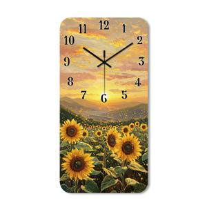 TEMU 1개, 나무 재질의 무소음 시계 (틱 소음 없음), 장식용 직사각형 디자인, 해바라기밭을 묘사하는 고화질 광택 끝과 시계_face 오버레이가 특징이며, 침실, 식사 공간, 현관에 적합