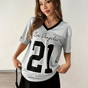 TEMU 여성용 V넥 메쉬, 레터링, 숫자 프린트가 특징인 유럽 및 미국 스타일의 캐주얼 다용도 스포츠 티셔츠. 데일리 스포츠웨어로 편안함을 제공합니다.