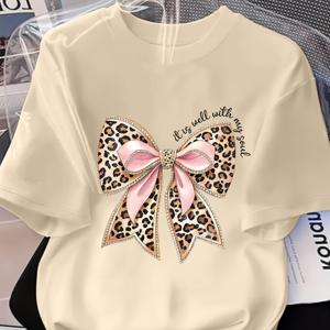 TEMU 여성용 패셔너블 라운드넥 티셔츠, 리본 프린트와 프린트 패치워크, 여성용 상의, 합리적인 가격의 스타일리시한 상의, 편안하고 부드러운 원단, 사계절용 활용도 높은 아이템