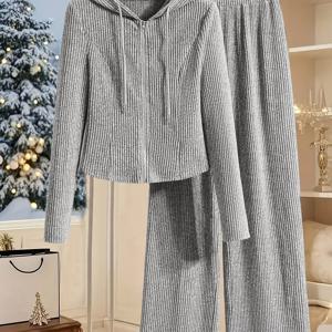 TEMU 우아한 여성용 단색 후드 긴소매 상의 및 바지 2피스 세트