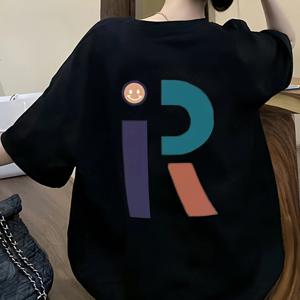 TEMU R 프린트 티셔츠, 반팔 크루넥 캐주얼 상의 여름 & 봄, 여성 의류