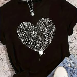 TEMU 여성 캐주얼 티셔츠 - 반짝이는 하트와 기하학적 패턴이 있는 검정색, 라운드 넥, 가벼운 여름 상의, 캐주얼 의상, 여성 티셔츠, 새해, 여성 상의, 우아한 여성 의류, 여성 의류, 여성 상의, 우아한 여성 의류, 여성 의류
