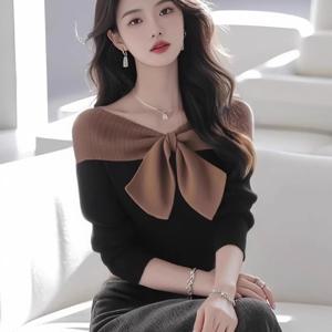 TEMU 여성 한국 스타일 유니크 리본 플러스 사이즈 부드러운 상의 블랙 대비 컬러 다용도 원숄더 긴팔 탑