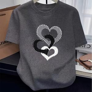 TEMU 봄/여름 심플 라운드넥 패션 루즈핏 멀티캐주얼 반팔 티셔츠 여성용 하트 프린트