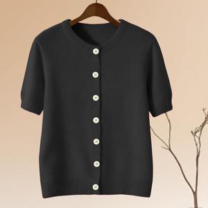 TEMU 새로운 여성용 캐주얼 버튼다운 반팔 가디건, 패셔너블하고 활용도 높은 니트웨어, 텍스처 디자인, 튼튼한 원단, 편안하고 부드러운 약간의 신축성 있는 소재, 트렌디한 스타일