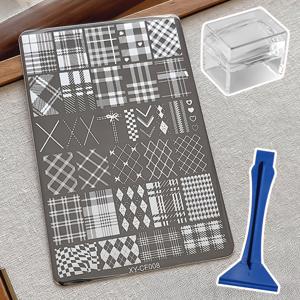 TEMU 체크무늬, , 하트 패턴 홈 살롱 네일 스탬핑용으로 디자인된 네일 아트 스탬핑 플레이트 3개 세트와 스크레이퍼 도구 포함 스탬프, 사용자 친화적인 투명 스탬프 네일 추가, 미용 애호가를 위한 부드러운 스탬핑 도구