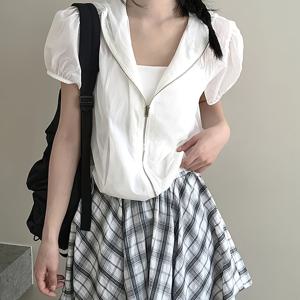 TEMU 2026 봄/여름 신상품 여성용 화이트 퍼프 슬리브와 지퍼가 있는 후드 반팔 셔츠, 가볍고 통기성 좋은 재킷, 데일리 출퇴근과 핫한 스타일을 위한 활용도 높은 상의