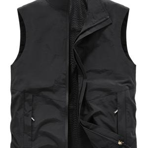 TEMU Jing 2026 남성용 조끼 | 아웃도어 러닝 레저, 스포츠 낚시 멀티 포켓, 가벼운 민소매 재킷, 단색, 신축성 없는 원단, 섬유 안감, 유럽 및 미국 스타일 오픈 프론트, 봄, 여름, 가을에 적합