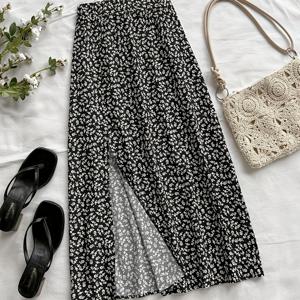 TEMU 휴가, 데이트, 아프터눈 티, 휴가, 뮤직 페스티벌, 스타일 플로럴 프린트 파티에 적합한 봄/여름 휴가용, 탄성 허리, 사이드 슬릿, A라인 디자인 스커트