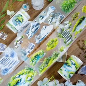 TEMU 1롤 2m/롤 초록색 잔디밭 PET 와시 테이프 돌 풀풀이 투명 롤 스티커 스크랩북킹 저널용 장식 접착 테이프 미적 문구류 루프:100cm