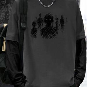 TEMU J107 라인 피규어 프린팅 남성용 컬러 매칭 페이크 투 캐주얼 루즈핏 긴팔 티셔츠