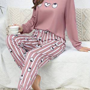 TEMU 여성용 귀여운 만화 프린트 긴팔 긴바지 잠옷, 봄, 여름, 가을, 겨울에 적합, 캐주얼 홈웨어로 완벽