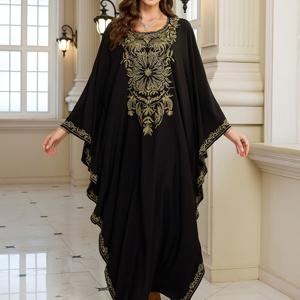 TEMU EDOLYNSA 여성용 플러스 사이즈 우아한 카프탄 드레스 - 캐주얼 크루 넥, 자수 꽃무늬, 여유로운 배트윙 소매, 봄/여름/가을 해변 휴가 드레스, 해변 드레스