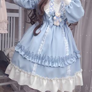 TEMU 라이트 블루 레이스 장식 러플 드레스 - 롤 플레이에 적합한 원 사이즈 긴팔 코스튬, 플러시 곰돌이와 리본 보우 포함, 45-60kg 몸무게의 모든 유형에 이상적