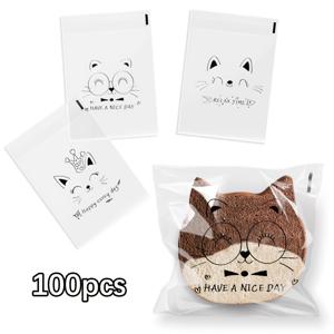 TEMU 100개 귀여운 고양이 디자인 자체 밀봉 플라스틱 봉지, 빵, 토스트, 과자용 투명 코팅 일회용 포장