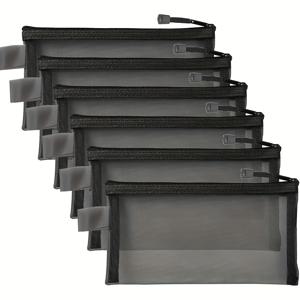 TEMU 메쉬 지퍼 백 (6개 세트), 여행용 소형 나일론 화장품 파우치, 핸드백 및 가정용 수납에 적합, 블랙 색상