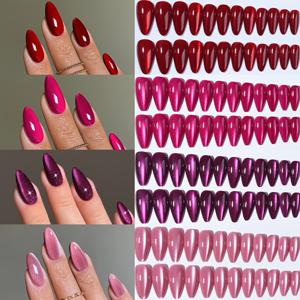 TEMU 96피스 풀커버 글리터 라인스톤 멀티컬러 캣아이 프레스온 네일 세트, 미디엄-롱 아몬드 쉐이프, 탈부착 가능 아크릴 네일, Y2K 트렌디 스타일 여성용 - 젤리글루 + 네일 파일 포함