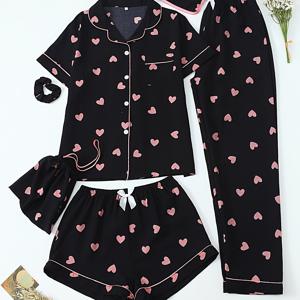 TEMU 심장 프린트가 있는 반팔 유아용 잠옷 6피스 세트 (긴 바지 및 반바지 포함), 십대용