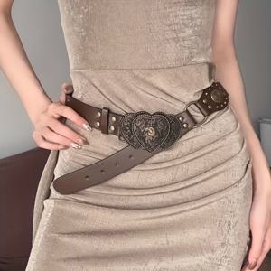 TEMU 1개 여성용 PU 가죽 벨트 - Y2K 레트로 스타일 하트 버클 & 리벳 디테일, 다목적 트라우저 벨트, 일상 및 파티웨어, 사계절 패션 액세서리, 텍스처 마감 벨트