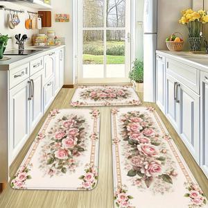 TEMU 빈티지 봄 핑크 장미 패턴 주방 매트 1개, 미끄럼 방지 주방 바닥 매트, 세탁 가능, 주방, 거실, 복도, 욕실, 실내/실외 출입구용 축제 장식. 러너 매트, 어머니의 날 장식, 16×24/20×32/16×47인치