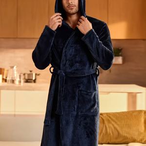 TEMU 남성용 봄/가을 후드 플란넬 가운 - 루즈핏 목욕가운, 벨트, 포켓 & 후드 포함 | 사이즈 M-XXL 홈 & 라운지용