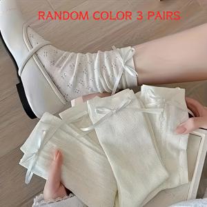 TEMU 크림색 메쉬 양말, 옆면 리본과 하트 컷아웃 디자인, 사이즈 3/4/5으로 제공, 봄/여름에 완벽