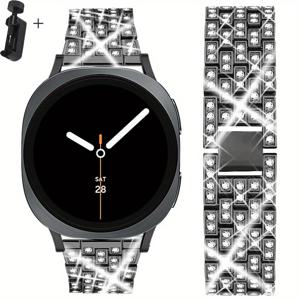 TEMU 삼성 8/8 클래식 밴드용 커넥터 세트 + 고급스러운 블링 메탈 스트랩 + 여성/남성용 도구 40mm 44mm 46mm, 삼성 8/8 클래식 스마트워치 추가용 화려한 주얼리 스테인리스 스틸 팔찌 손목 밴드