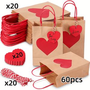 TEMU 빨간 손잡이가 있는 하트 모양 종이 선물 가방 60개 세트 - 20개의 매달린 카드, 쇼핑용 종이 봉투 20개, 파티, 결혼식, 학교 행사, 추수감사절, 생일 및 사랑 축하 행사, 축제 디자인, 튼튼한 손잡이, 파티 용품, 장식용 봉투, 내구성 있는 구조, 이벤트 플래너, 우아한 포장, 휴일 쇼퍼