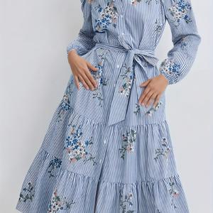 TEMU 세련된 긴팔 버튼업 셔츠 원피스, 블루 앤 화이트 디자인, 프린트 벨트와 A라인 실루엣으로 여름/가을/겨울 시즌 여성에게 적합합니다. 가을 패션 트렌드에 어울리는 이 원피스는 트렌디한 디자인입니다.