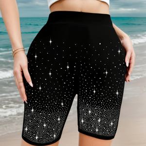 TEMU 여성용 별이 빛나는 하늘 라인스톤 스파클리 하이웨이스트 카프리 레깅스, 신축성 높은 통기성 좋은 편안한 여름 반바지, 캐주얼 외출용 및 활용도 높은 패션웨어