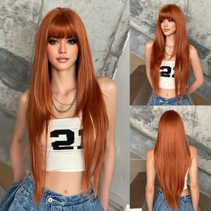 TEMU NAMM 여성용 롱 오렌지 가발, 깔끔한 앞머리 포함, 데일리 코스프레용, 자연스러운 느낌의 부드러운 고품질 내열성 합성 섬유 가발