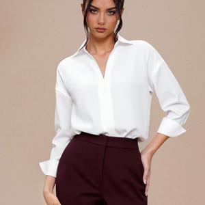 TEMU 여성 솔리드 컬러 터nda운 칼라 셔츠 스타일 점프수트 우아한 탑