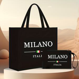 TEMU 화이트 레터 프린트 시리즈, 패셔너블한 감각의 블랙 핸드백 2개 세트, 친구, 직장, 일상용, 여행 및 해변용으로 적합