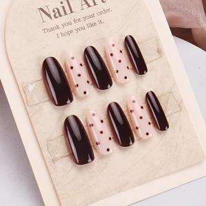 TEMU 가을 겨울 신상 미드 오벌 다크 브라운 & 라이트 핑크 도트 프레스온 네일, 달콤하고 스타일리시한 풀커버 인조네일, 여성 일상용 프레스온 인조네일